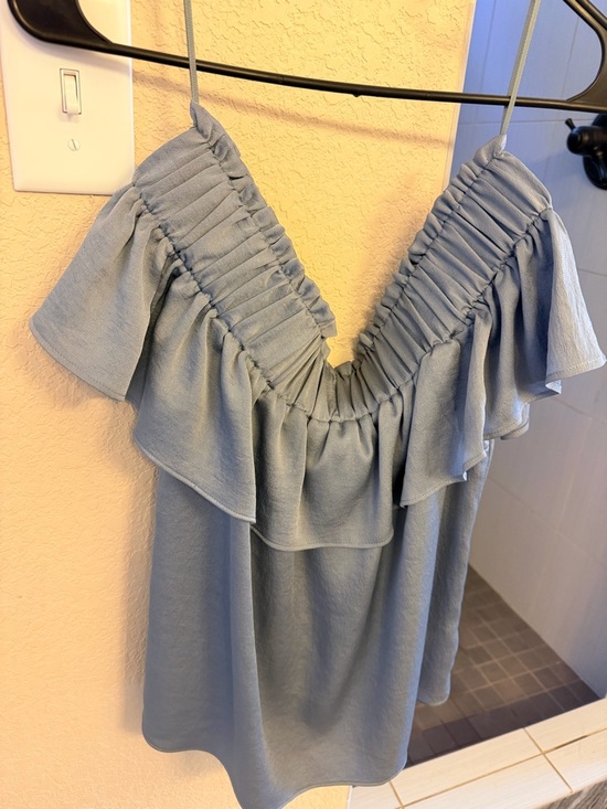 Express Tops - Express Light Blue Off-Shoulder Ruffle Camisole